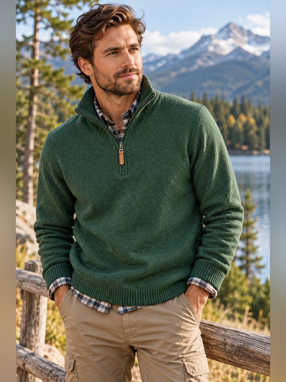 Crown & Ivy Men’s L Forest Green Wool Blend Quarter Zip Sweater Herringbone